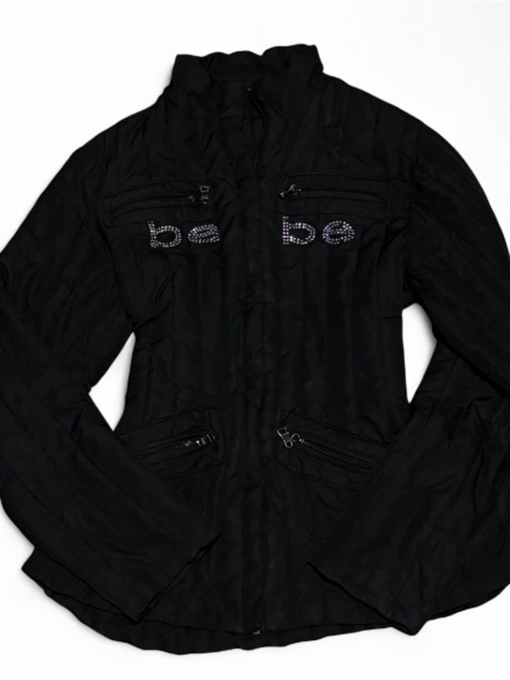 Vintage Y2K Bebe Black Puffer Jacket with Rhinestone Logo